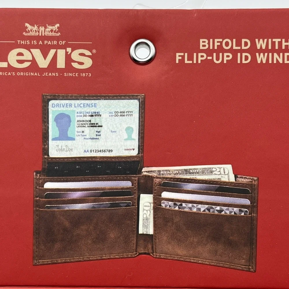 Levis‎ Mens Bifold Wallet Brown with Flip-up ID Window RFID-Blocking